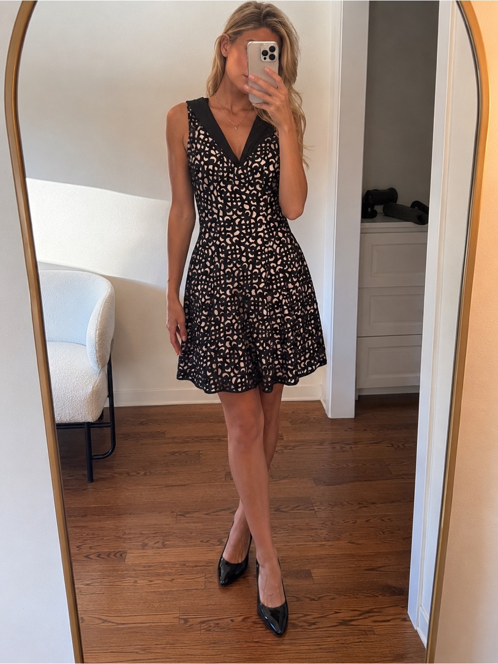 XSCAPE Black Nude Laser Cut Fit & Flare Cocktail Dress Size 6